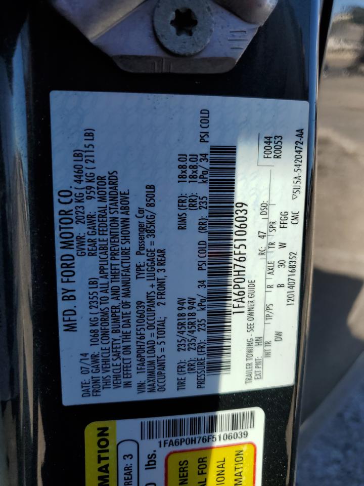 2015 Ford Fusion Se VIN: 1FA6P0H76F5106039 Lot: 87300415