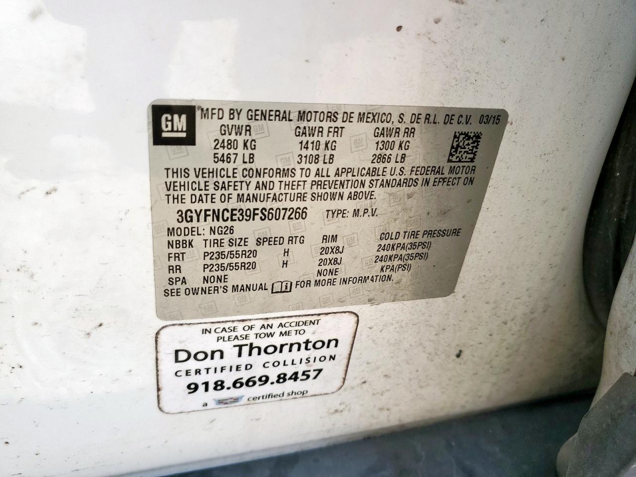 2015 Cadillac Srx Performance Collection VIN: 3GYFNCE39FS607266 Lot: 90239145