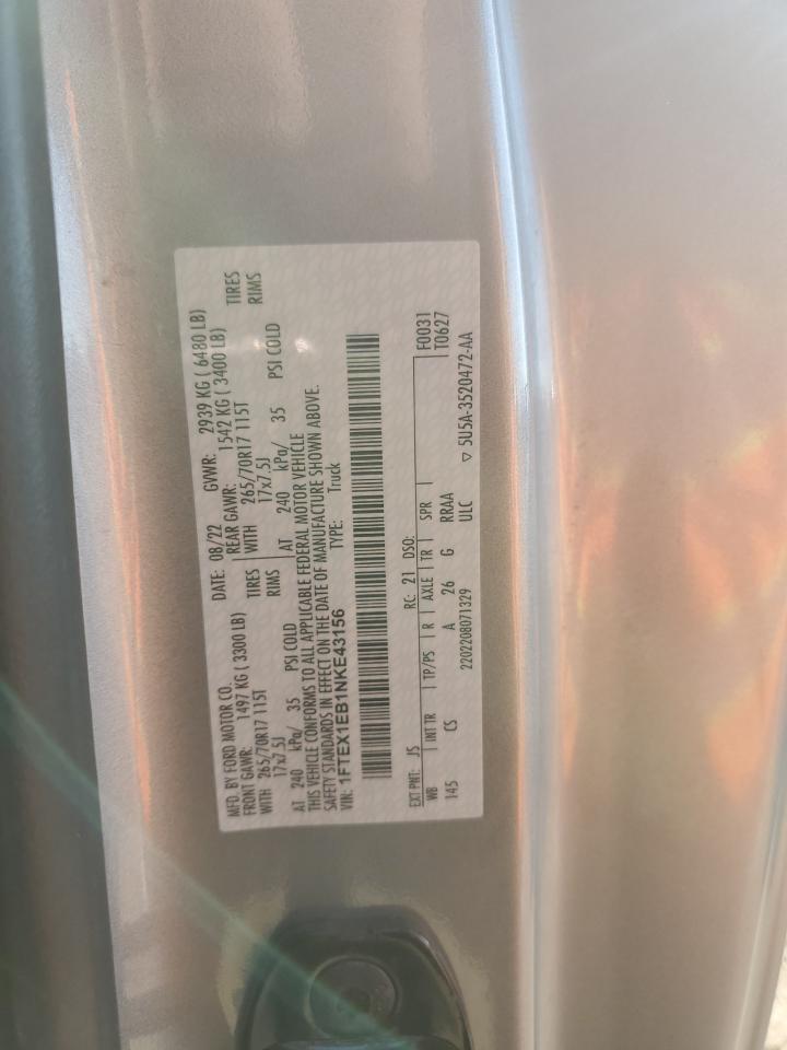 2022 Ford F150 Super Cab VIN: 1FTEX1EB1NKE43156 Lot: 89710545