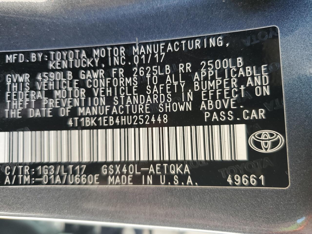 2017 Toyota Avalon Xle VIN: 4T1BK1EB4HU252448 Lot: 89609335