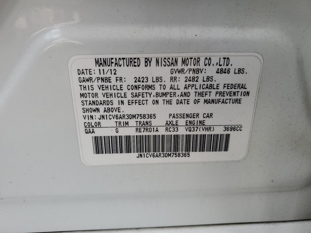 2013 Infiniti G37 VIN: JN1CV6AR3DM758365 Lot: 82727205