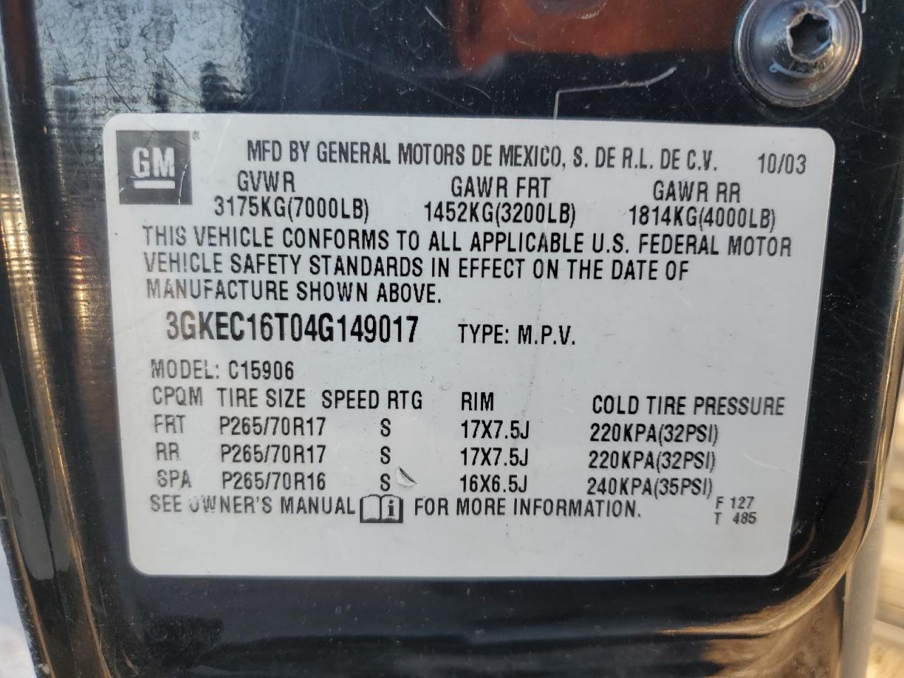2004 GMC Yukon Xl C1500 VIN: 3GKEC16T04G149017 Lot: 86546465