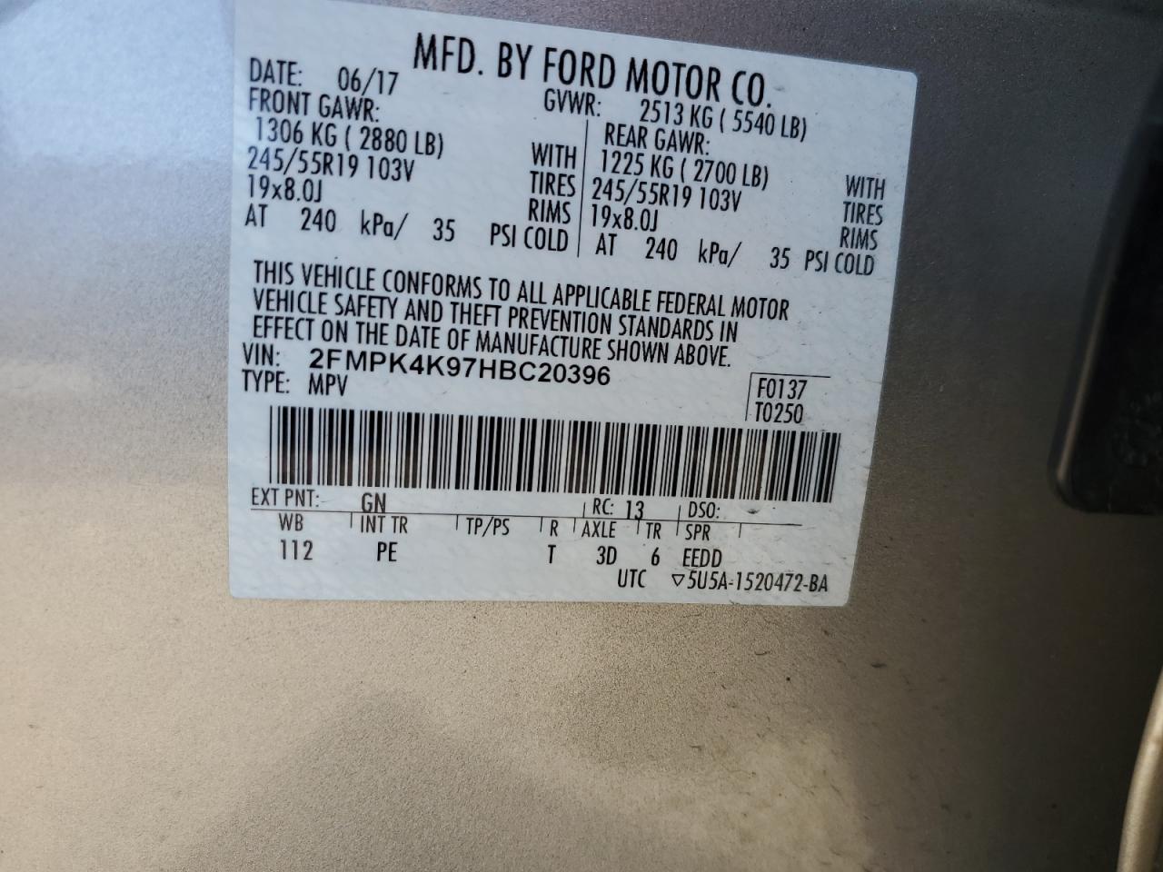 2017 Ford Edge Titanium VIN: 2FMPK4K97HBC20396 Lot: 90076105