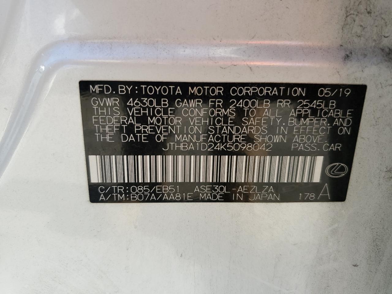 2019 Lexus Is 300 VIN: JTHBA1D24K5098042 Lot: 90723355