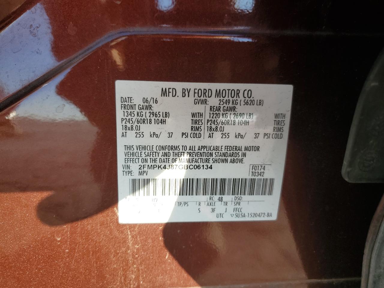 2016 Ford Edge Sel VIN: 2FMPK4J87GBC06134 Lot: 91120605