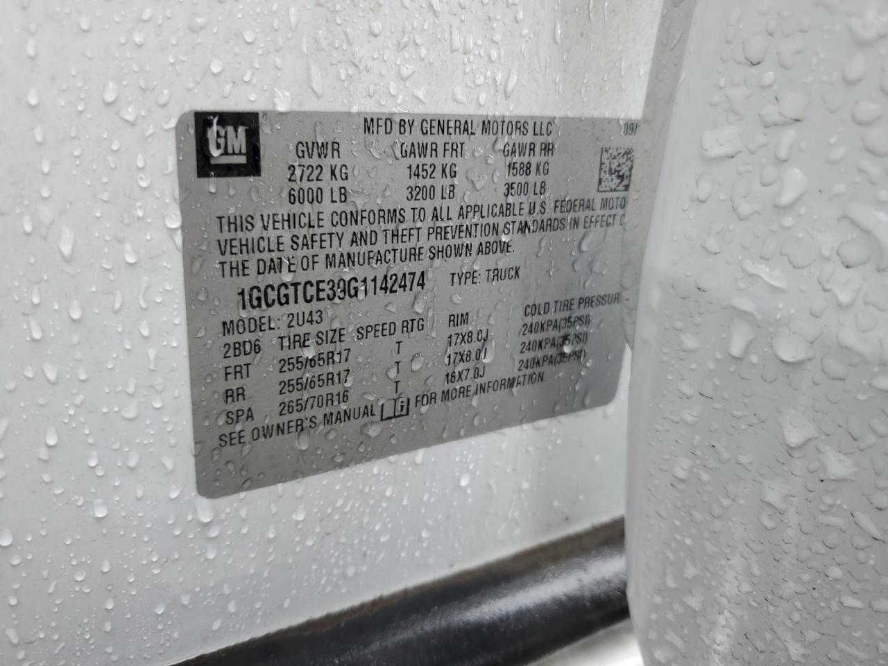 2016 Chevrolet Colorado Lt VIN: 1GCGTCE39G1142474 Lot: 84949455