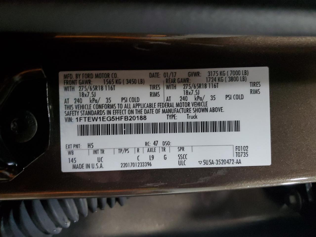2017 Ford F150 Supercrew VIN: 1FTEW1EG5HFB20188 Lot: 82720255