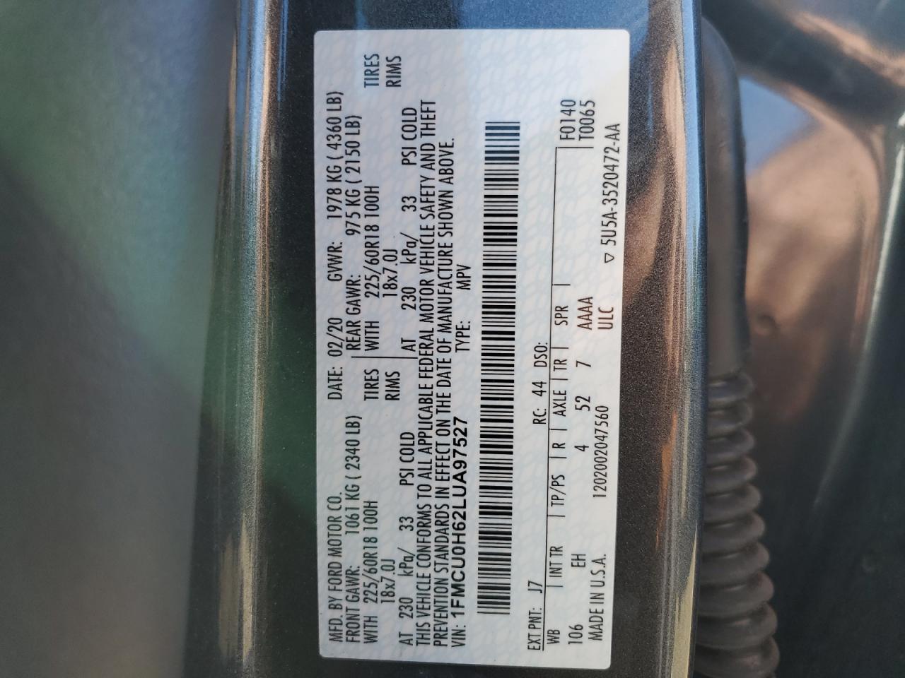 2020 Ford Escape Sel VIN: 1FMCU0H62LUA97527 Lot: 85893965