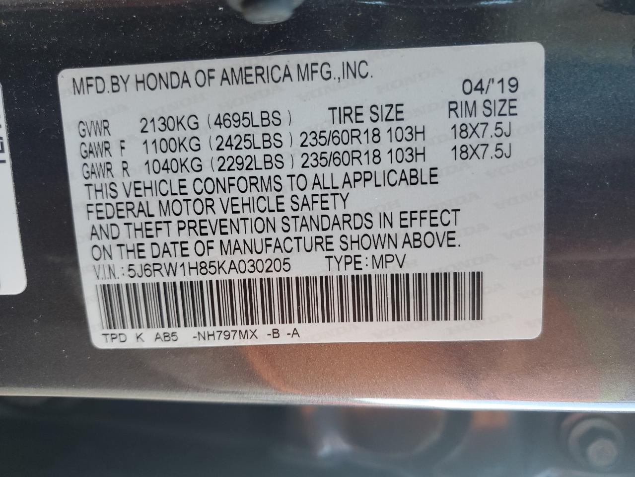 2019 Honda Cr-V Exl VIN: 5J6RW1H85KA030205 Lot: 82295265