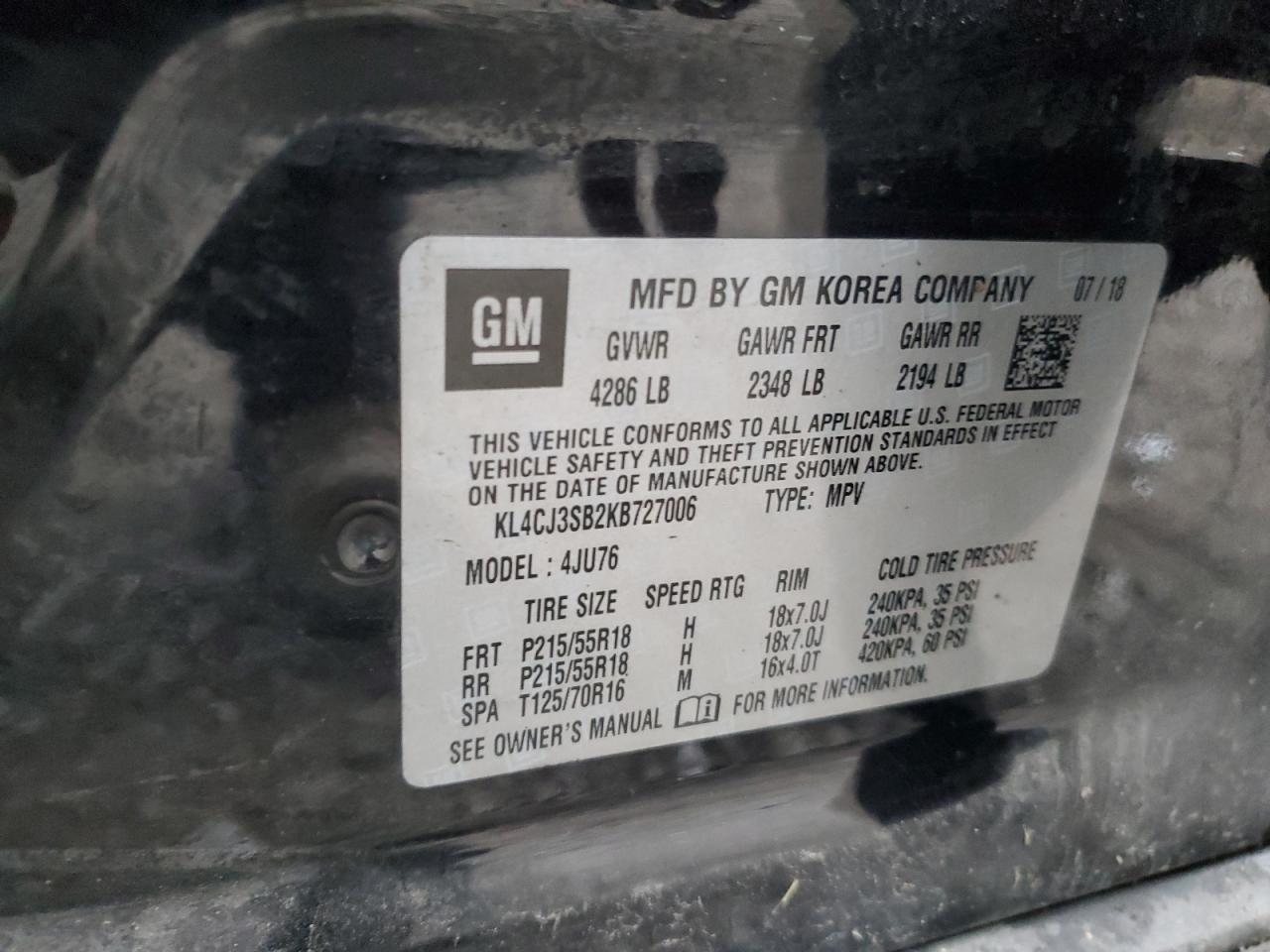 2019 Buick Encore VIN: KL4CJ3SB2KB727006 Lot: 85078355