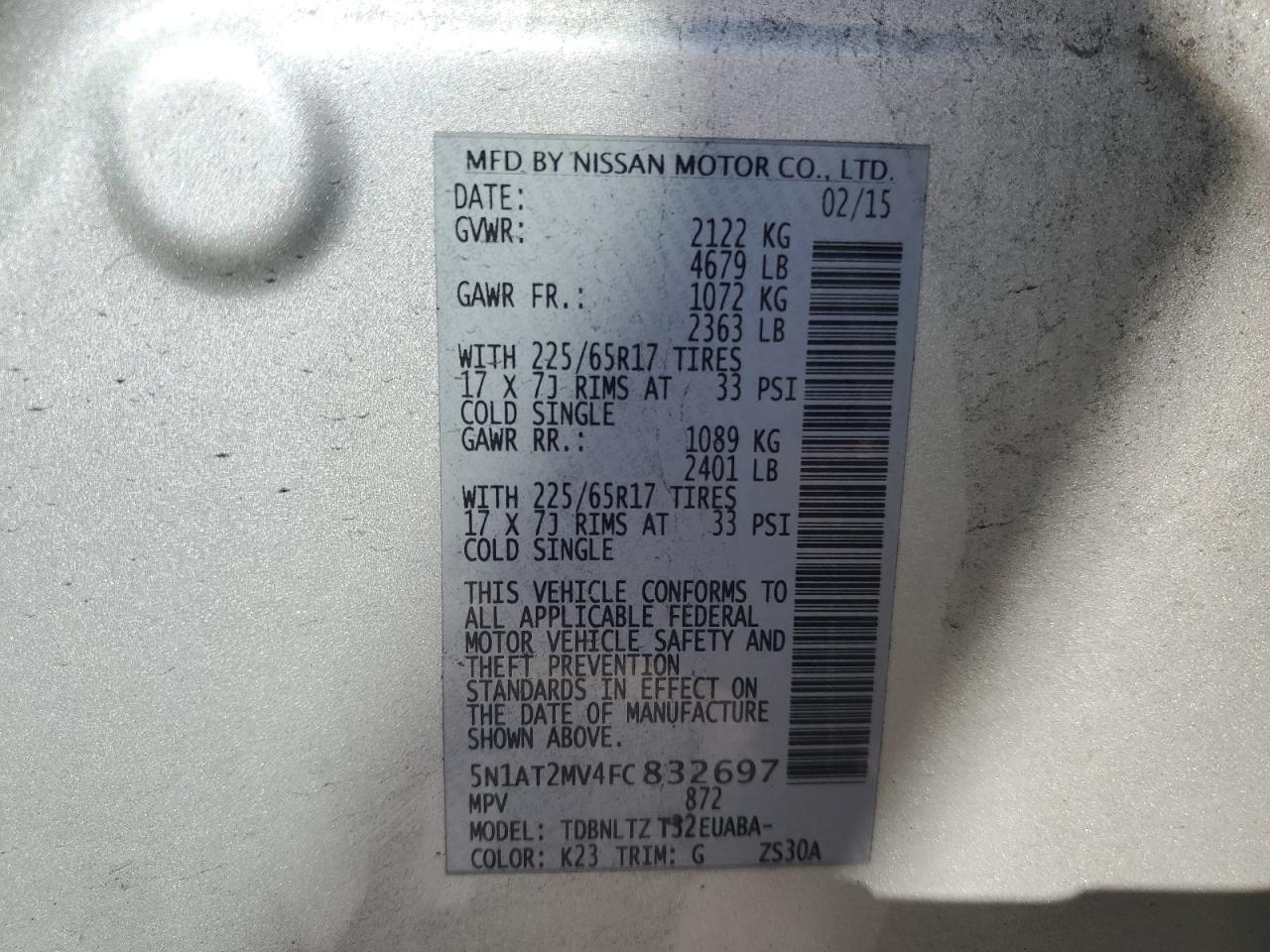 2015 Nissan Rogue S VIN: 5N1AT2MV4FC832697 Lot: 82426195