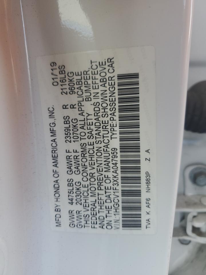 2019 Honda Accord Sport VIN: 1HGCV1F3XKA047959 Lot: 81970925