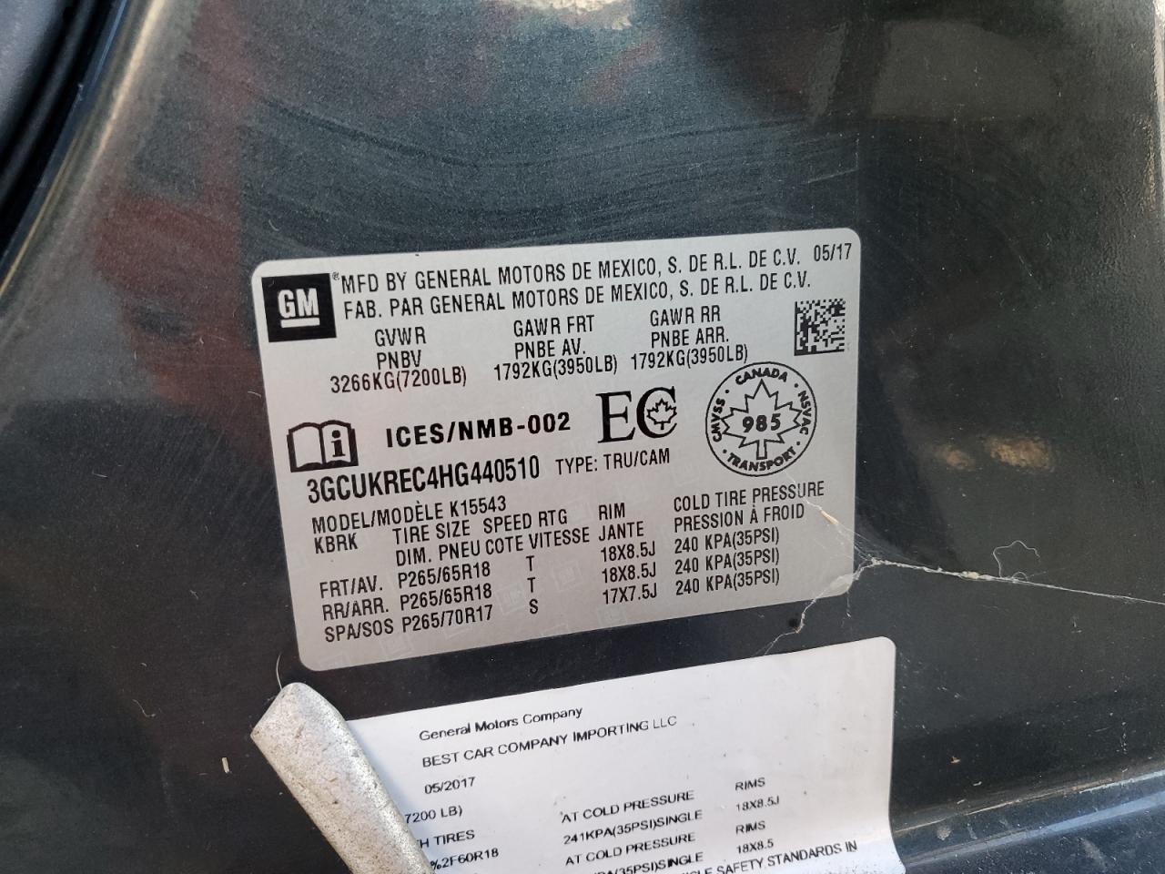2017 Chevrolet Silverado K1500 Lt VIN: 3GCUKREC4HG440510 Lot: 82186275