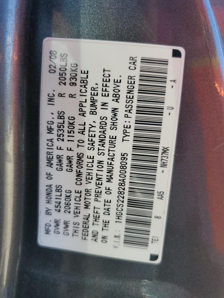 2008 Honda Accord Exl VIN: 1HGCS22828A008095 Lot: 85777105