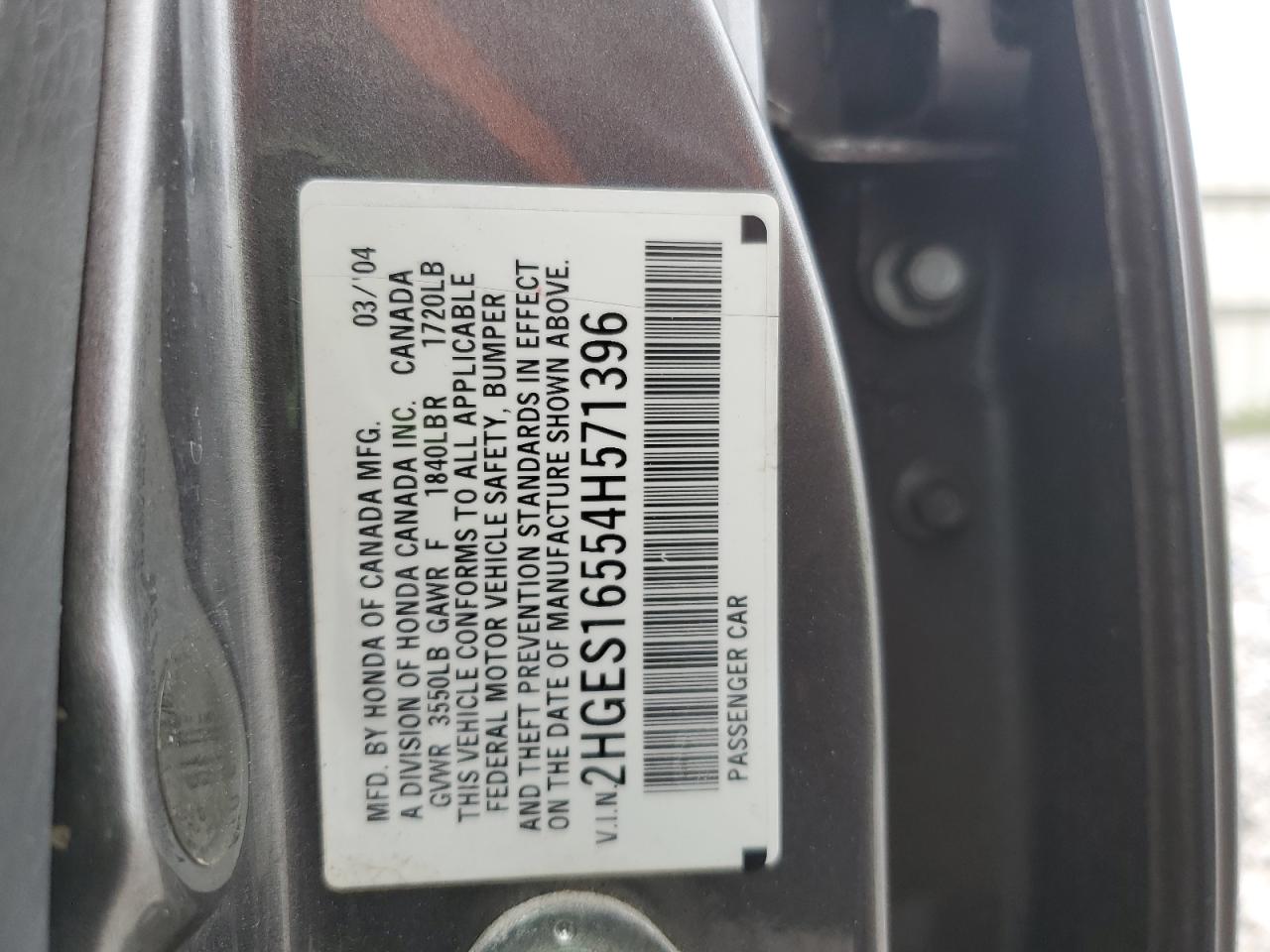 2004 Honda Civic Lx VIN: 2HGES16554H571396 Lot: 84253645