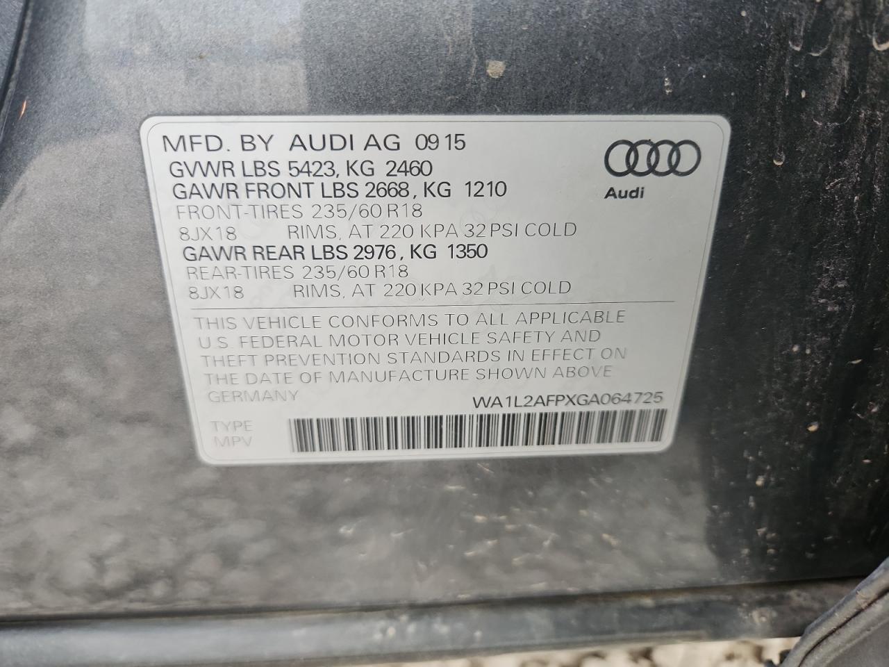 2016 Audi Q5 Premium Plus VIN: WA1L2AFPXGA064725 Lot: 85203985