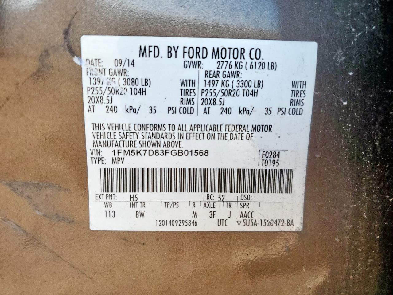 2015 Ford Explorer Xlt VIN: 1FM5K7D83FGB01568 Lot: 85697995