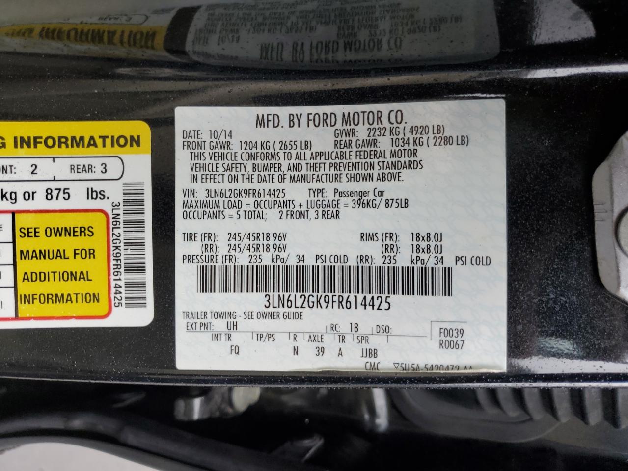 2015 Lincoln Mkz VIN: 3LN6L2GK9FR614425 Lot: 82417615