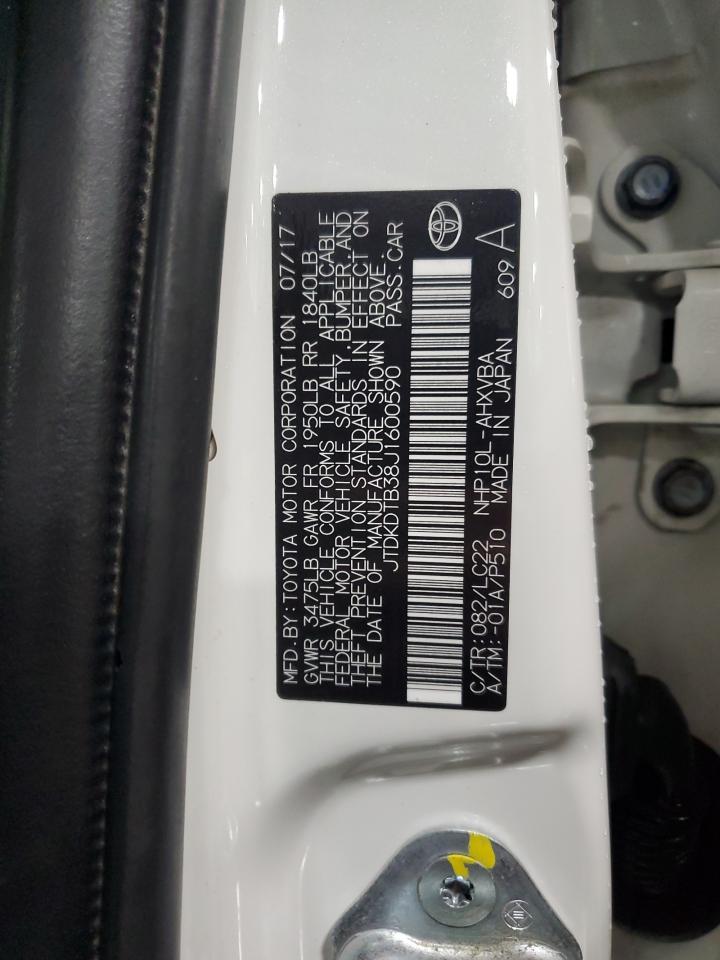 2018 Toyota Prius C VIN: JTDKDTB38J1600590 Lot: 86127145