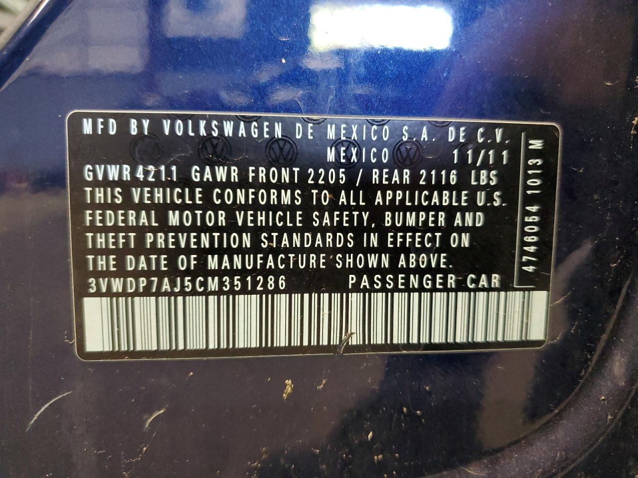 2012 Volkswagen Jetta Se VIN: 3VWDP7AJ5CM351286 Lot: 85074655