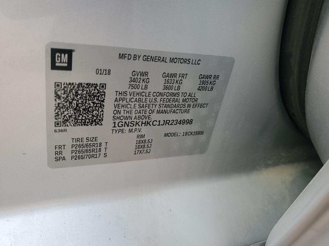 2018 Chevrolet Suburban K1500 Lt VIN: 1GNSKHKC1JR234998 Lot: 84881825