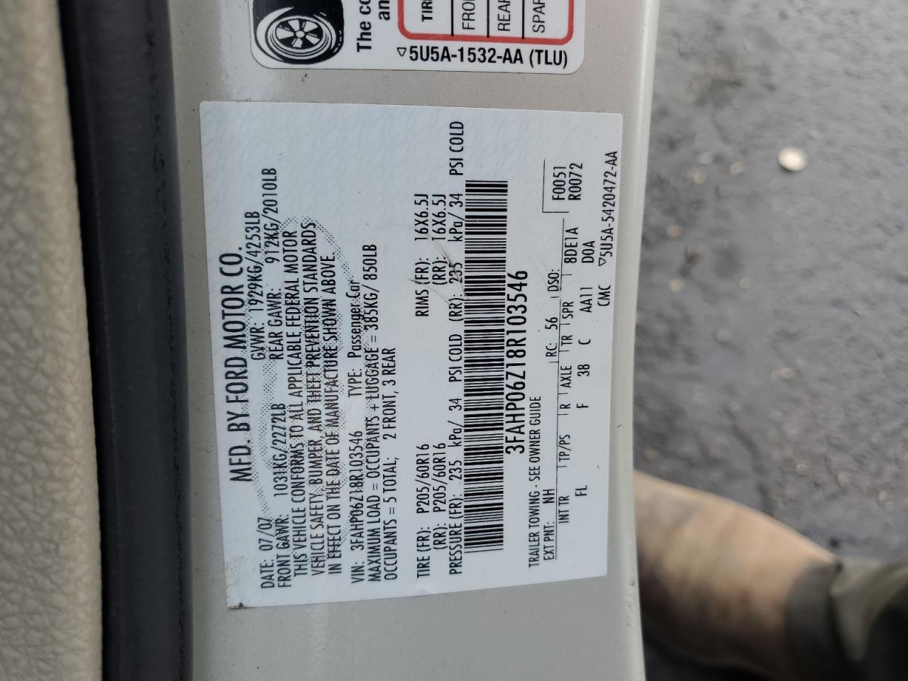 2008 Ford Fusion S VIN: 3FAHP06Z18R103546 Lot: 86309505