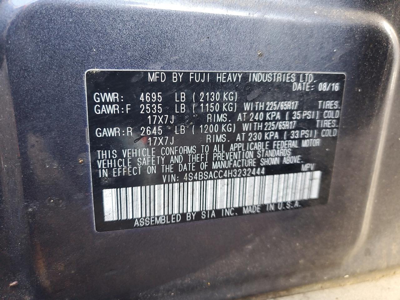 2017 Subaru Outback 2.5I Premium VIN: 4S4BSACC4H3232444 Lot: 90397865