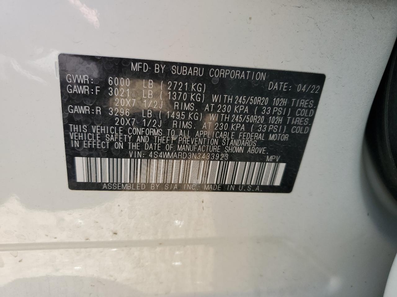 2022 Subaru Ascent Touring VIN: 4S4WMARD3N3433923 Lot: 85918775