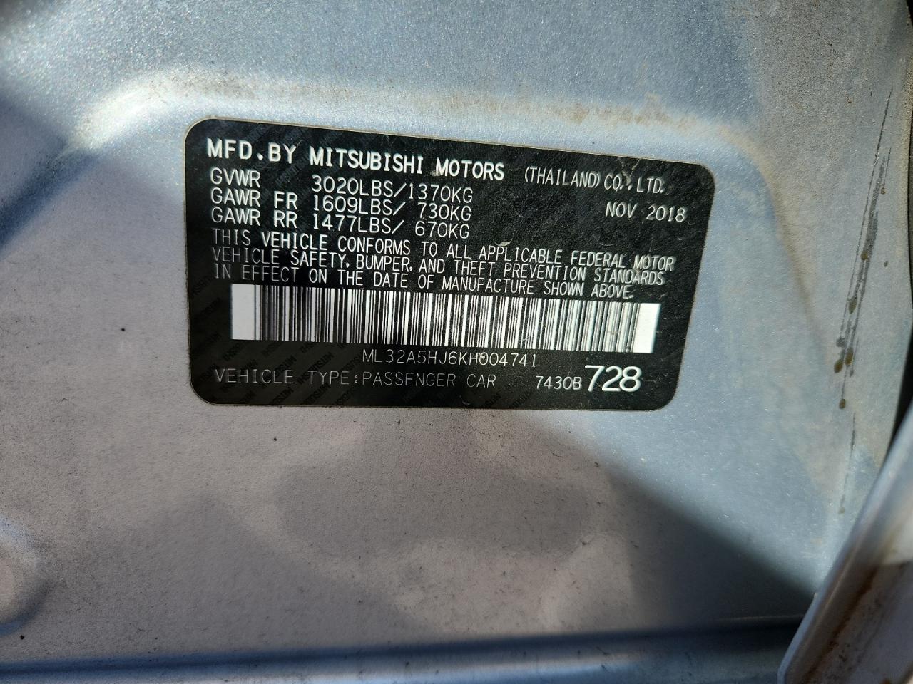 2019 Mitsubishi Mirage Le VIN: ML32A5HJ6KH004741 Lot: 86179195