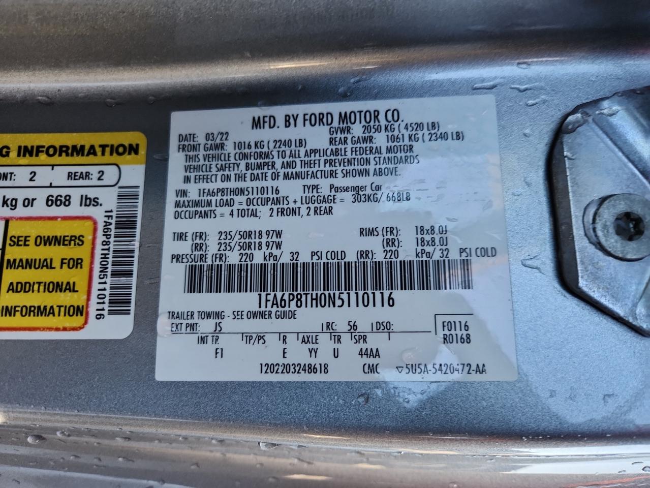 2022 Ford Mustang VIN: 1FA6P8TH0N5110116 Lot: 90537845