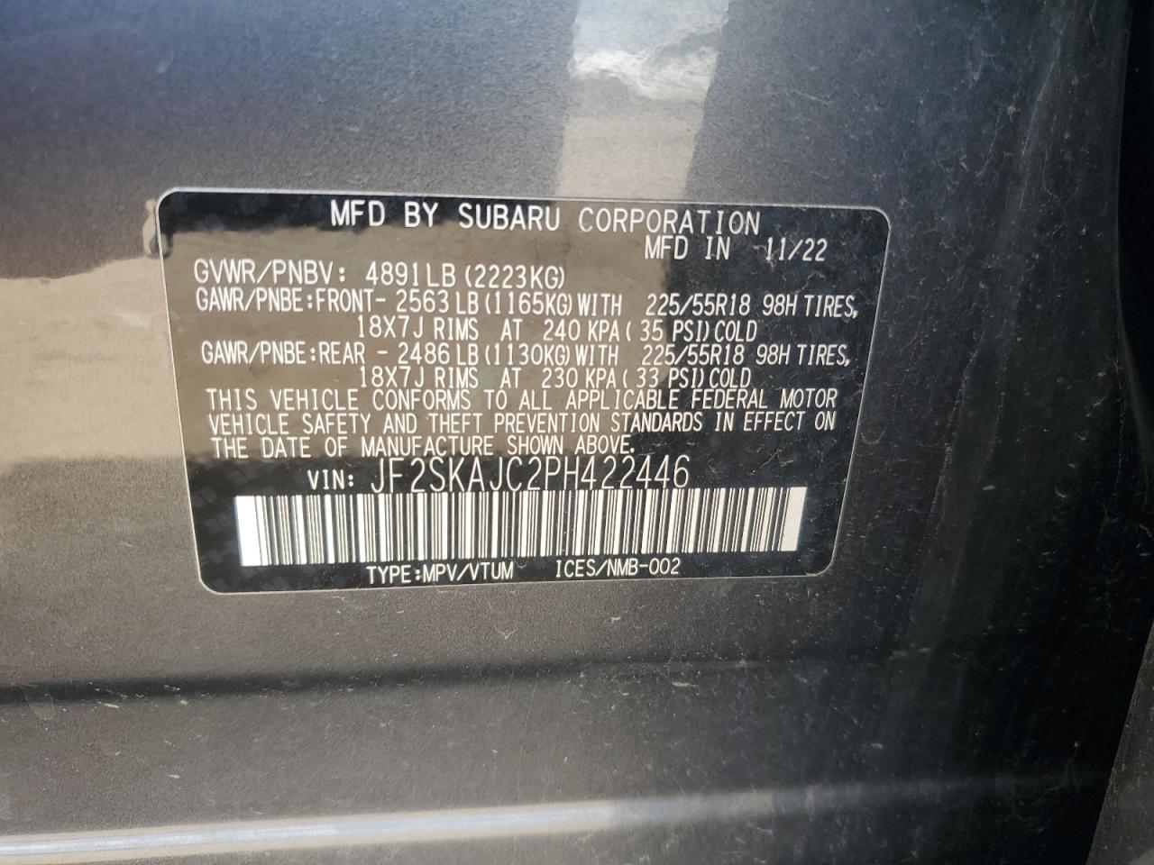 2023 Subaru Forester Sport VIN: JF2SKAJC2PH422446 Lot: 85355085