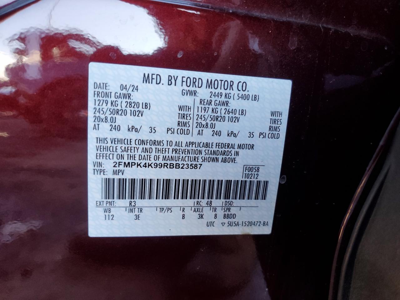 2024 Ford Edge Titanium VIN: 2FMPK4K99RBB23587 Lot: 89835945