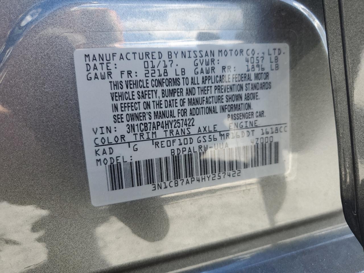2017 Nissan Sentra Sr Turbo VIN: 3N1CB7AP4HY257422 Lot: 87054205