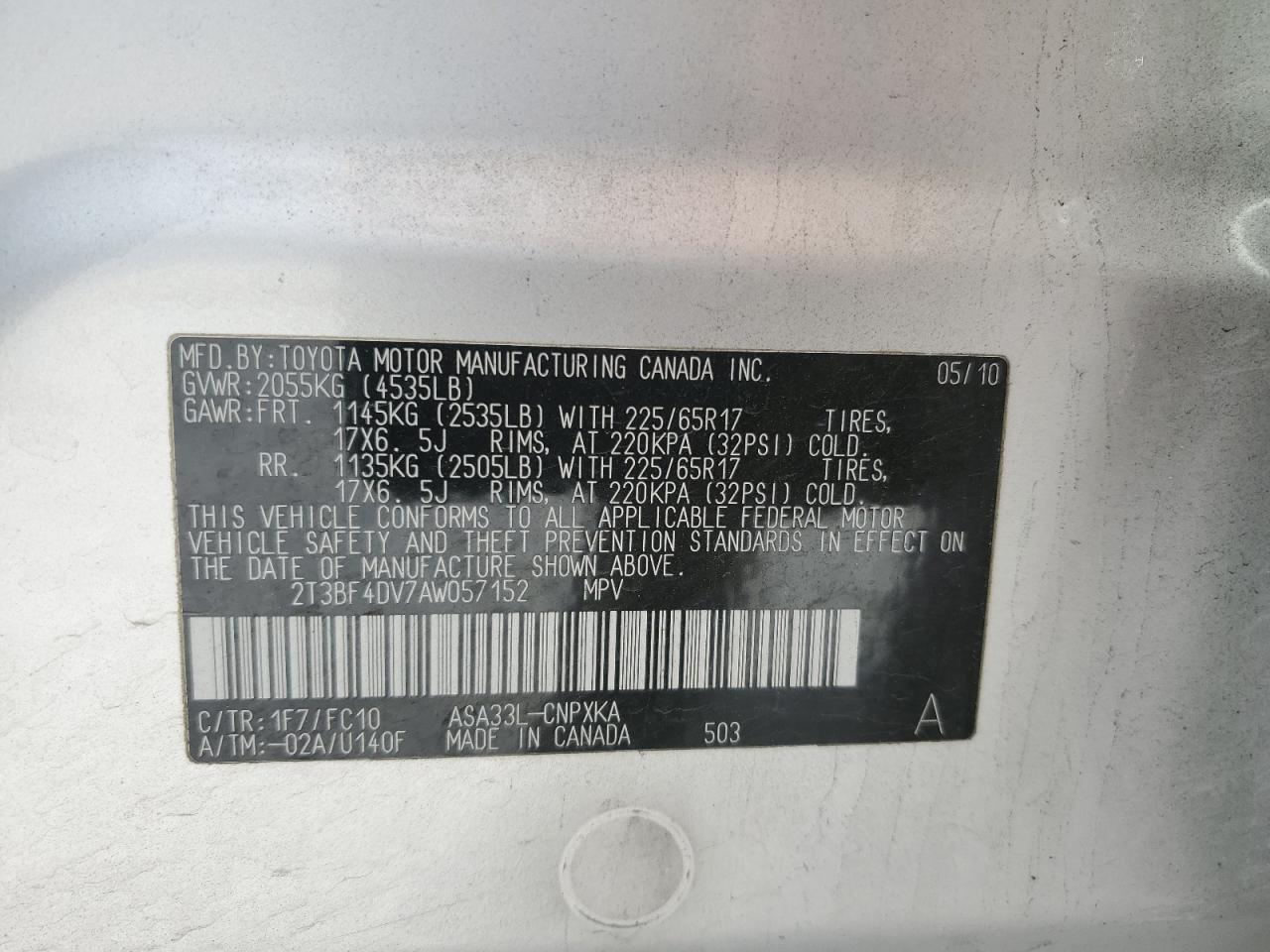 2010 Toyota Rav4 VIN: 2T3BF4DV7AW057152 Lot: 86536375