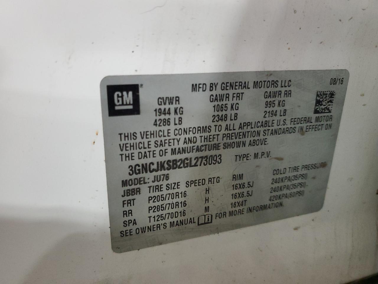 2016 Chevrolet Trax Ls VIN: 3GNCJKSB2GL273093 Lot: 83965885