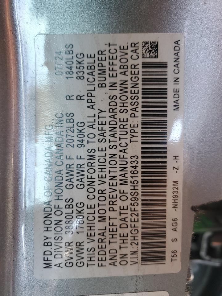 2025 Honda Civic Sport VIN: 2HGFE2F59SH516433 Lot: 85387755