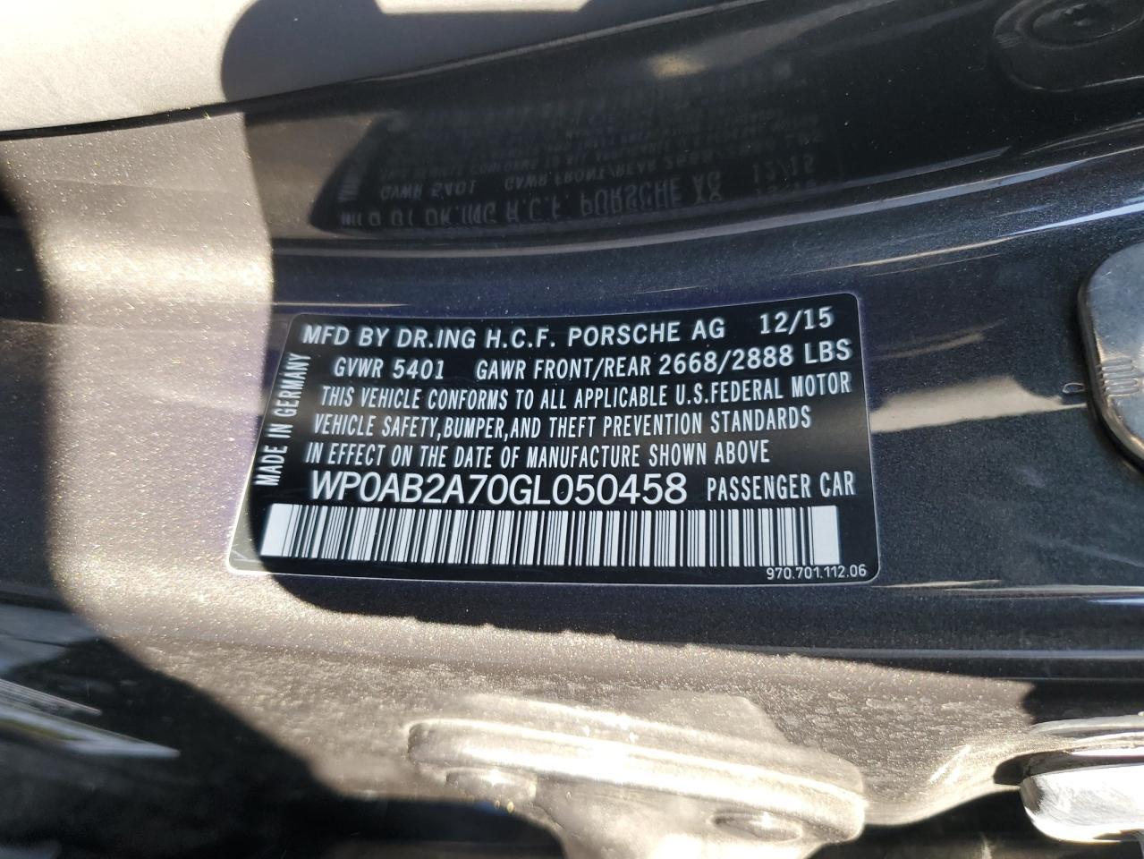 2016 Porsche Panamera S VIN: WP0AB2A70GL050458 Lot: 82406265