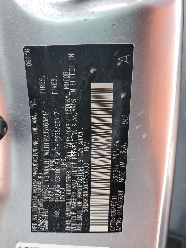 2016 Toyota Sienna Le VIN: 5TDKK3DCXGS753633 Lot: 85303675