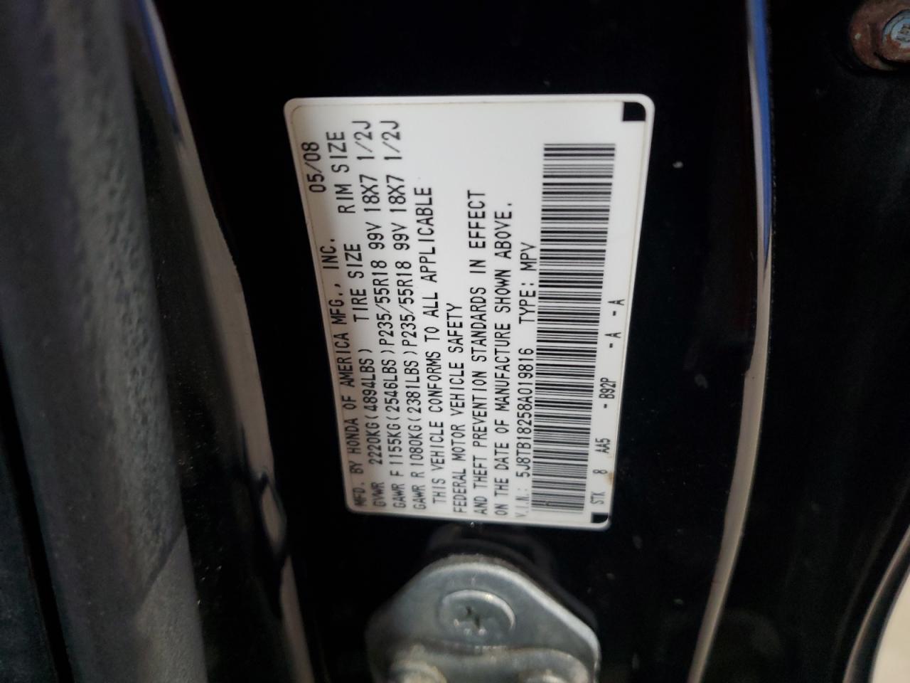 2008 Acura Rdx VIN: 5J8TB18258A019816 Lot: 86819205