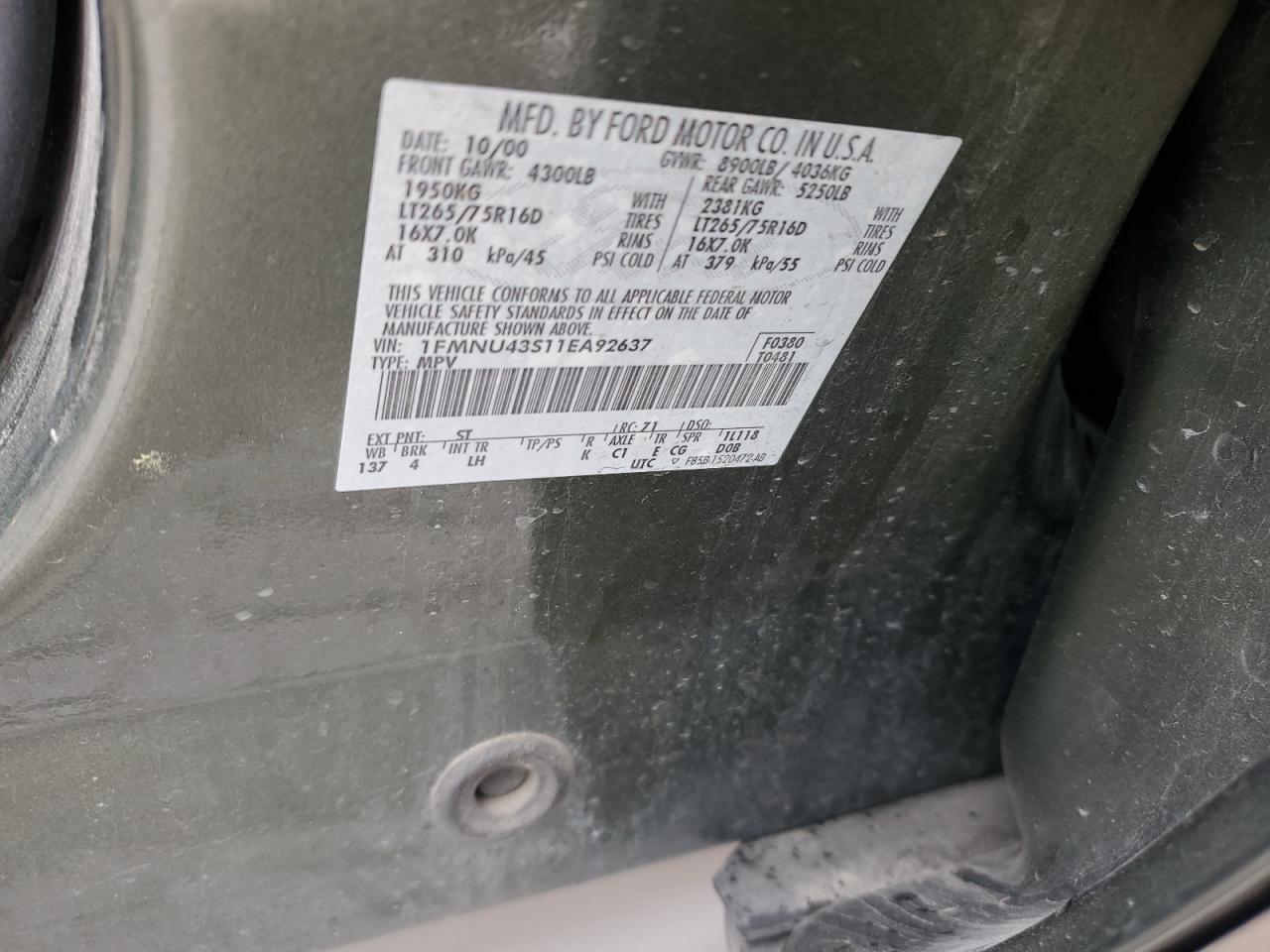 2001 Ford Excursion Limited VIN: 1FMNU43S11EA92637 Lot: 81519085