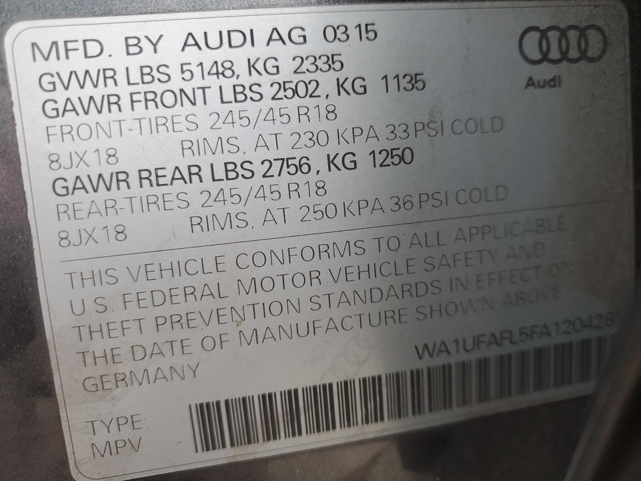 2015 Audi A4 Allroad Premium Plus VIN: WA1UFAFL5FA120428 Lot: 89798385