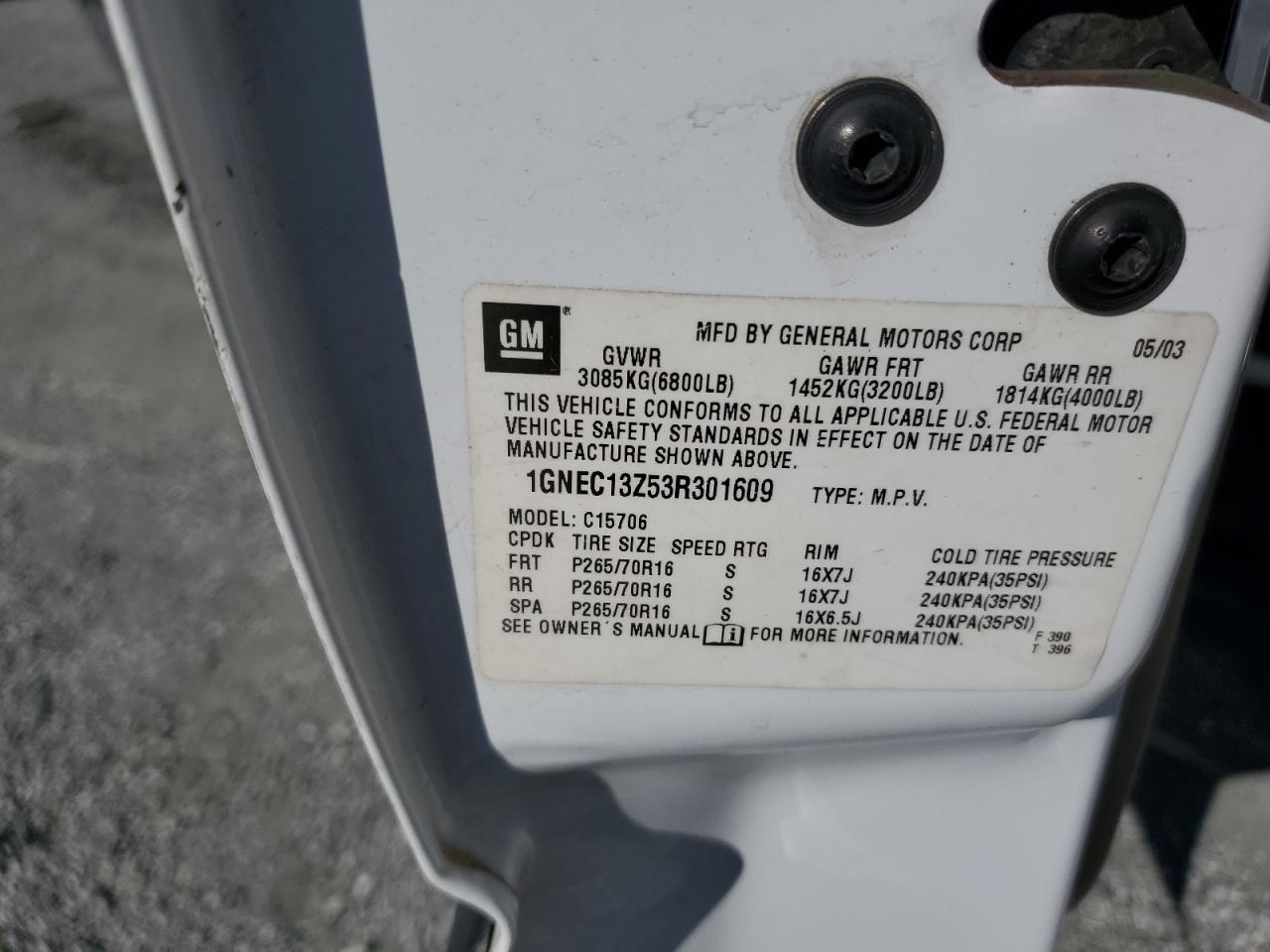 2003 Chevrolet Tahoe C1500 VIN: 1GNEC13Z53R301609 Lot: 86272705