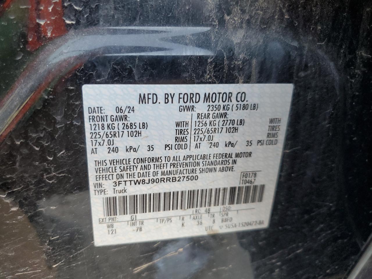 2024 Ford Maverick Xlt VIN: 3FTTW8J90RRB27500 Lot: 81972325