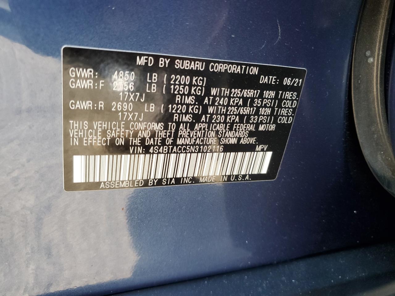 2022 Subaru Outback Premium VIN: 4S4BTACC5N3102116 Lot: 85697835
