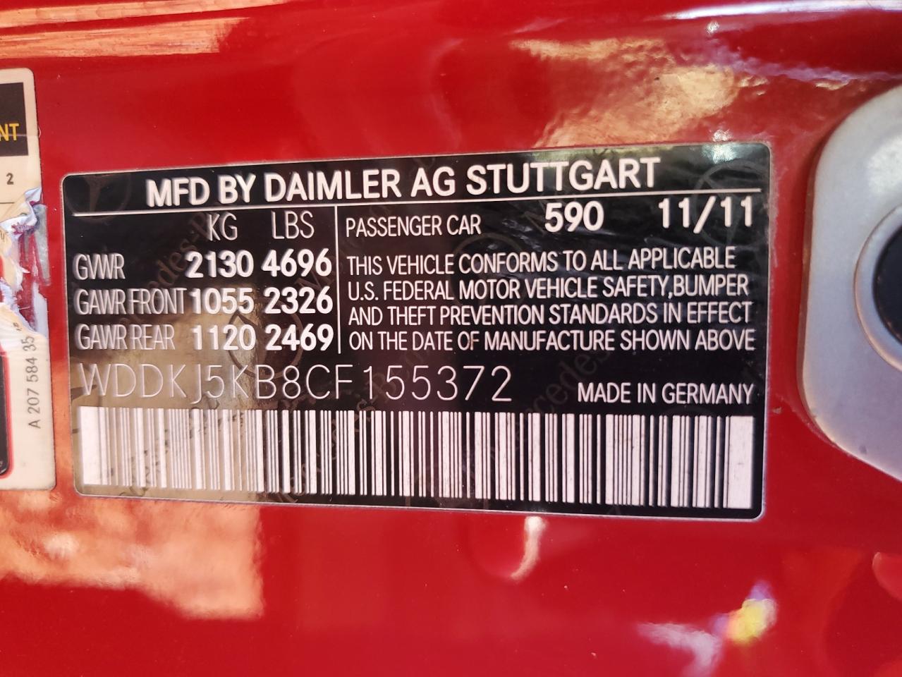2012 Mercedes-Benz E 350 VIN: WDDKJ5KB8CF155372 Lot: 85127035