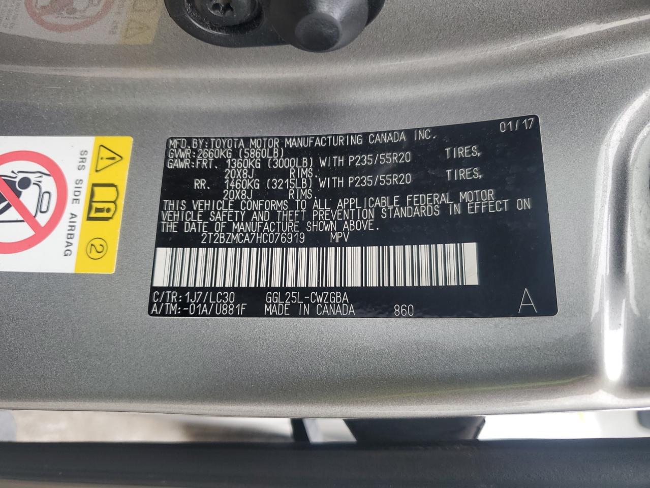 2017 Lexus Rx 350 Base VIN: 2T2BZMCA7HC076919 Lot: 90052555