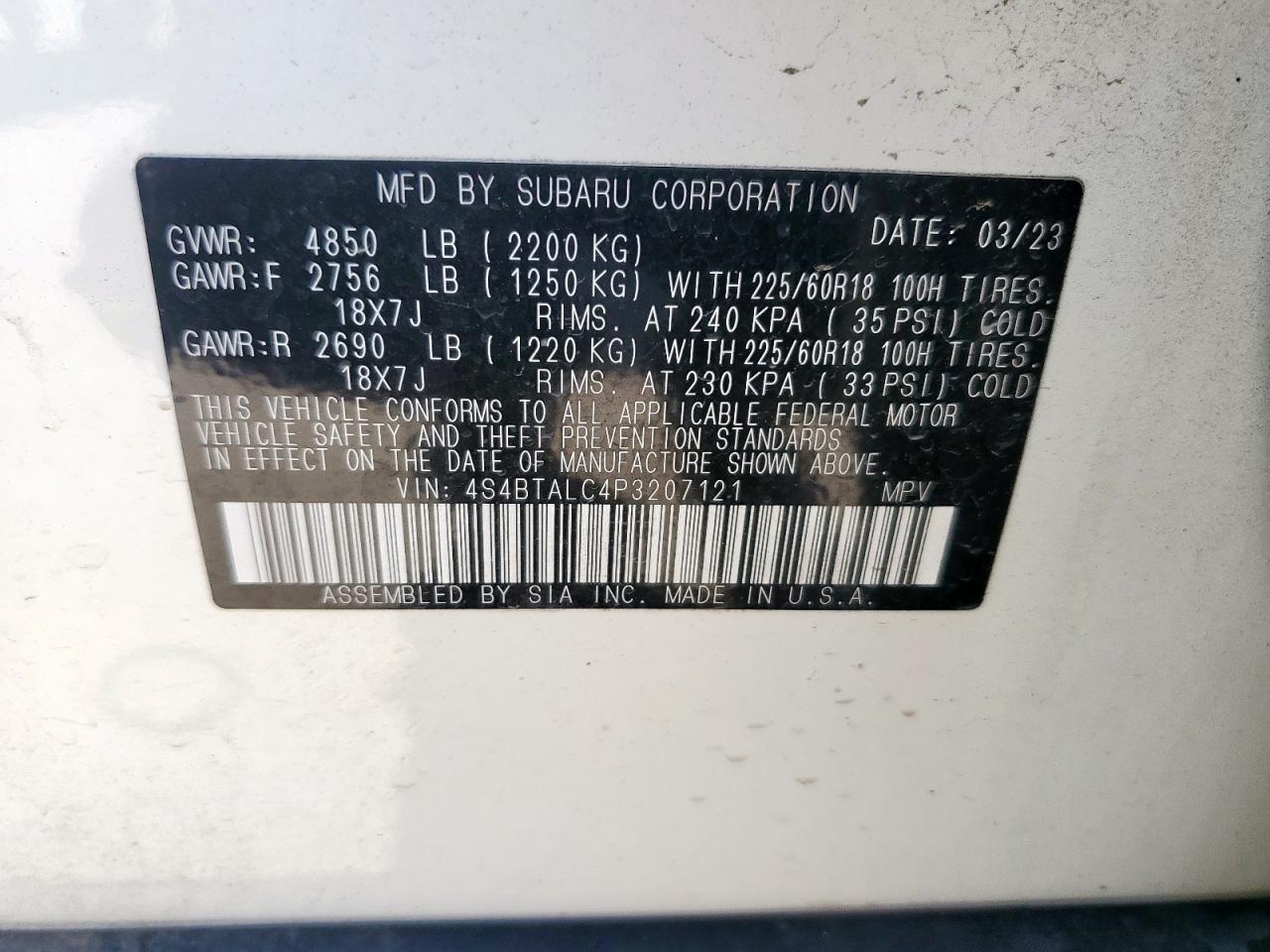 2023 Subaru Outback Onyx Edition VIN: 4S4BTALC4P3207121 Lot: 82214975