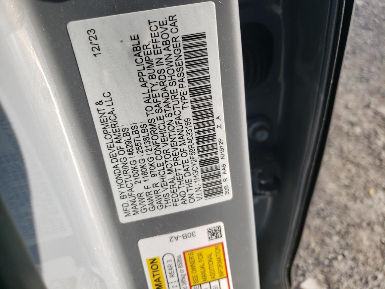 2024 Honda Accord Hybrid Sport VIN: 1HGCY2F59RA033169 Lot: 81663405