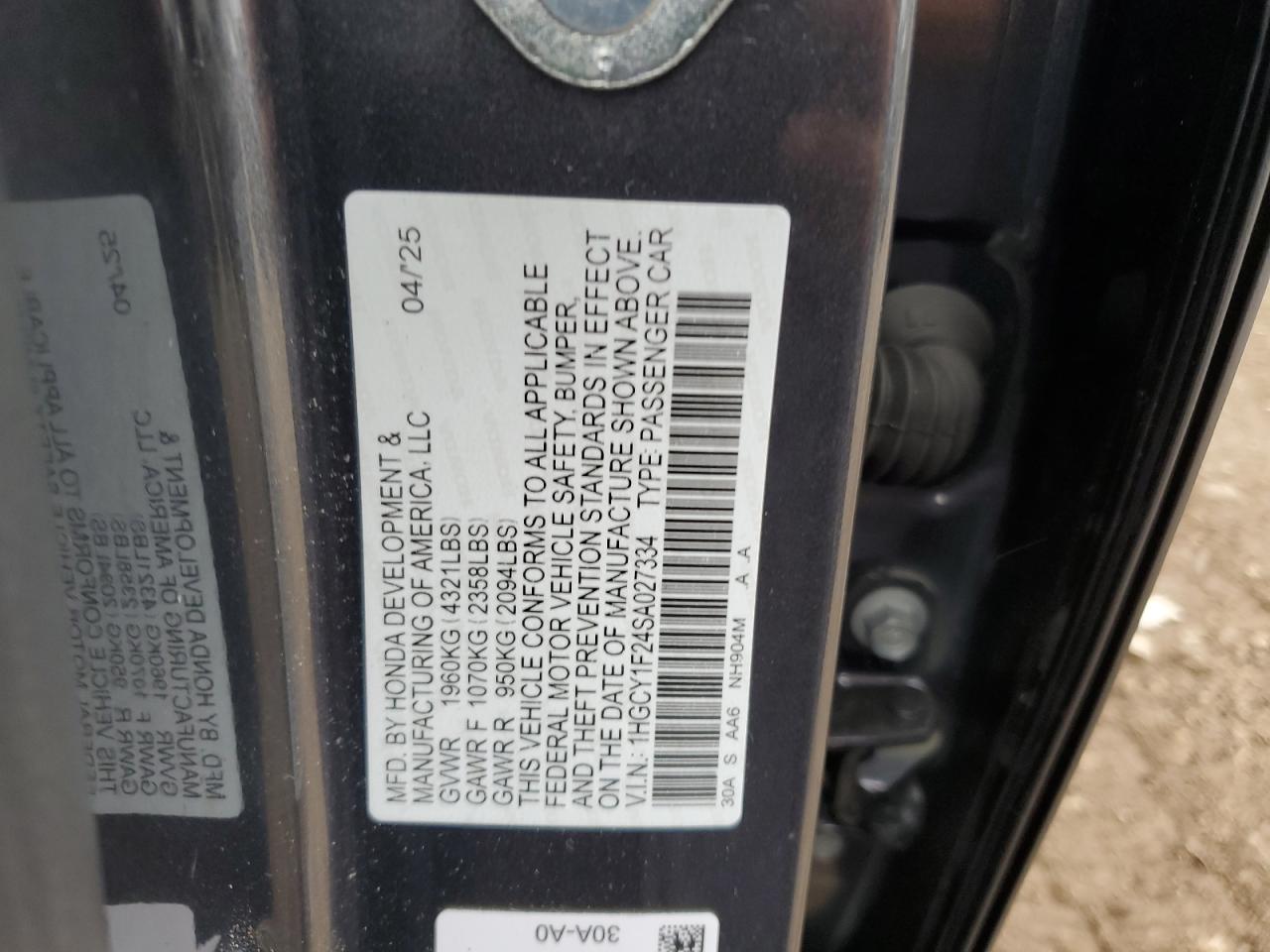 2025 Honda Accord Lx VIN: 1HGCY1F24SA027334 Lot: 86541815