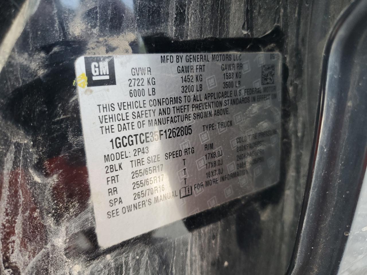 2015 Chevrolet Colorado Z71 VIN: 1GCGTCE35F1262805 Lot: 85002095